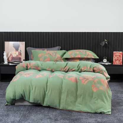 Ginkgo-inspired Cotton Gauze Bedding Set(4pcs) - Green & Pink - King - image 15
