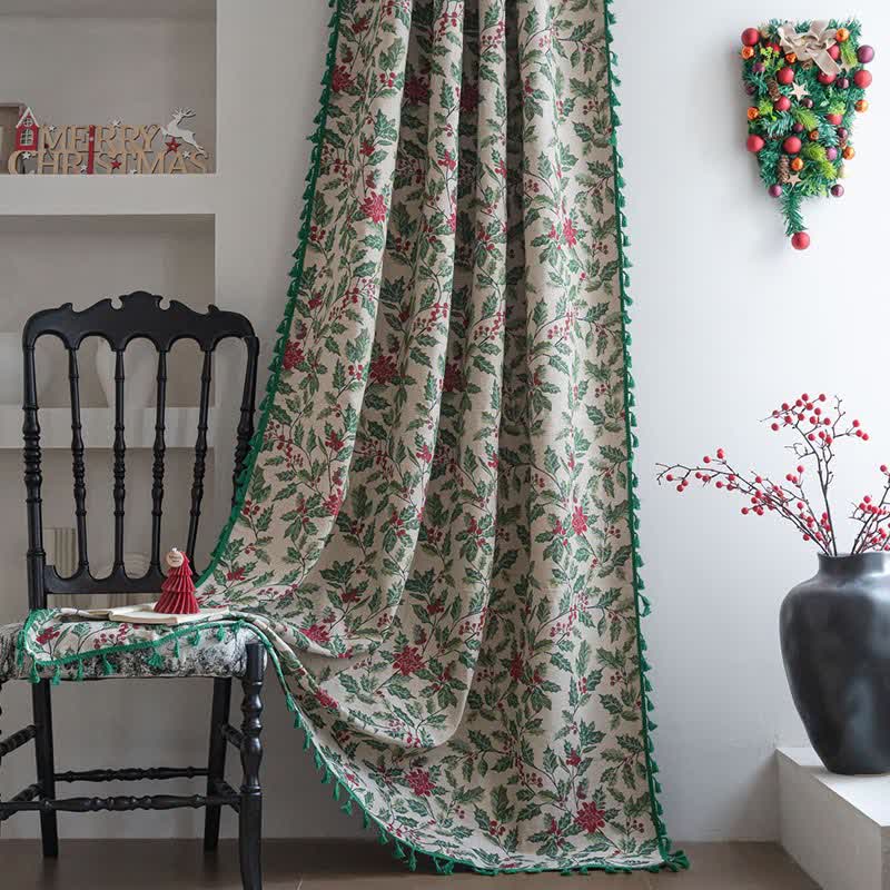 Christmas-inspired Holly Leaf Tassel Curtain - Rod Pocket - 59" x 102" - image 0