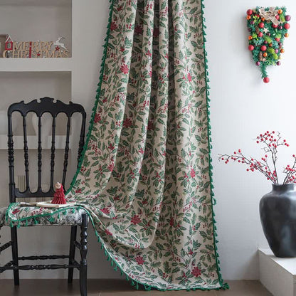 Christmas-inspired Holly Leaf Tassel Curtain - Rod Pocket - 59" x 102" - image 0