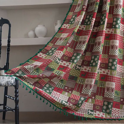 Patchwork Christmas-inspired Print Tassel Curtain - Rod Pocket - 59" x 102" - image 0