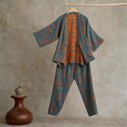 Ownkoti Ginkgo Cotton Gauze Kimono Loungewear Set - Blue - XL - image 7