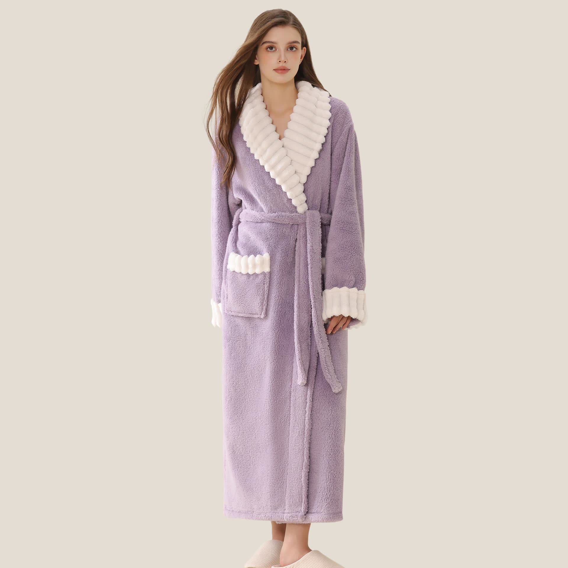 Long Plush Fleece Bathrobe with Pockets - Purple - XL - image 4