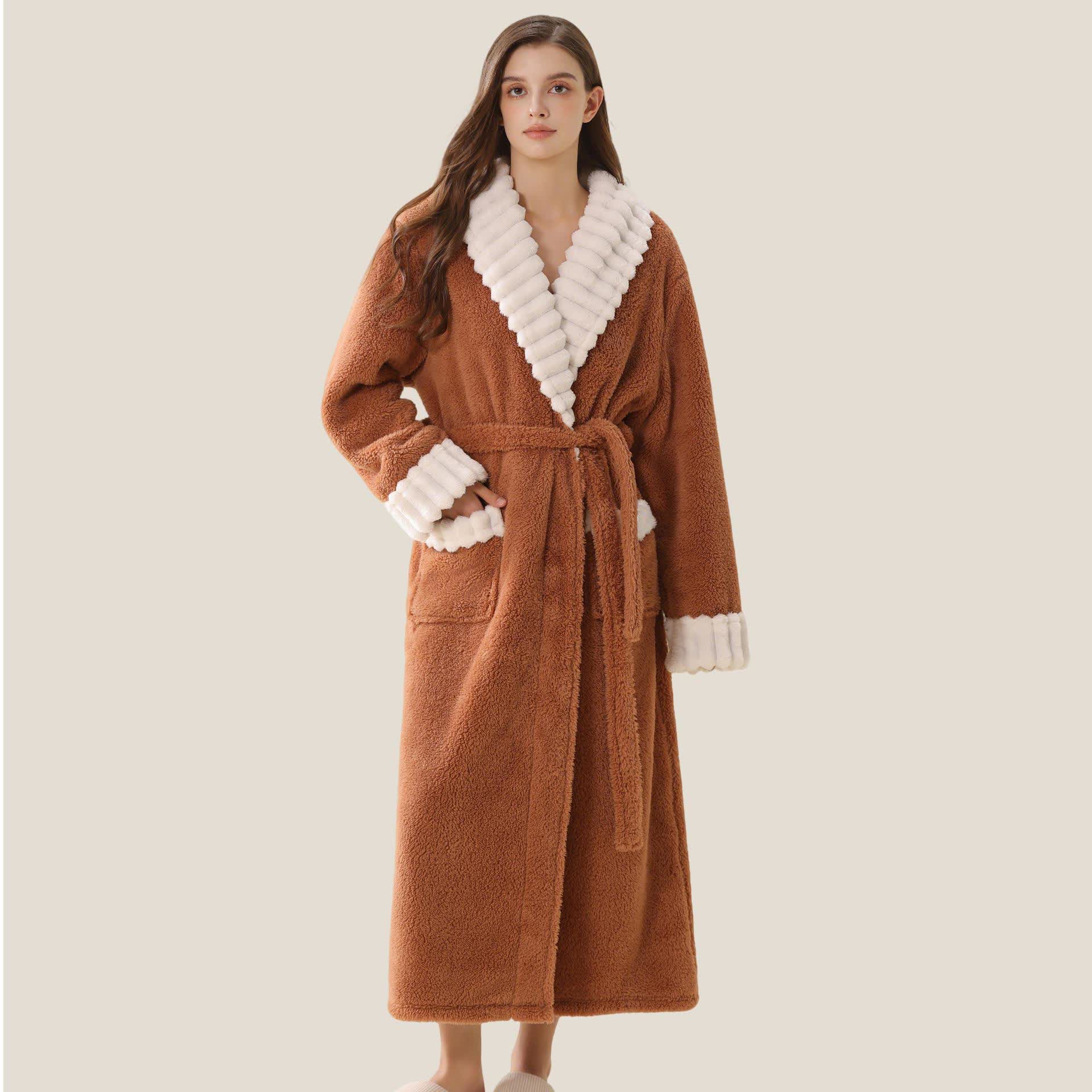 Long Plush Fleece Bathrobe with Pockets - Coffee - XL - image 6