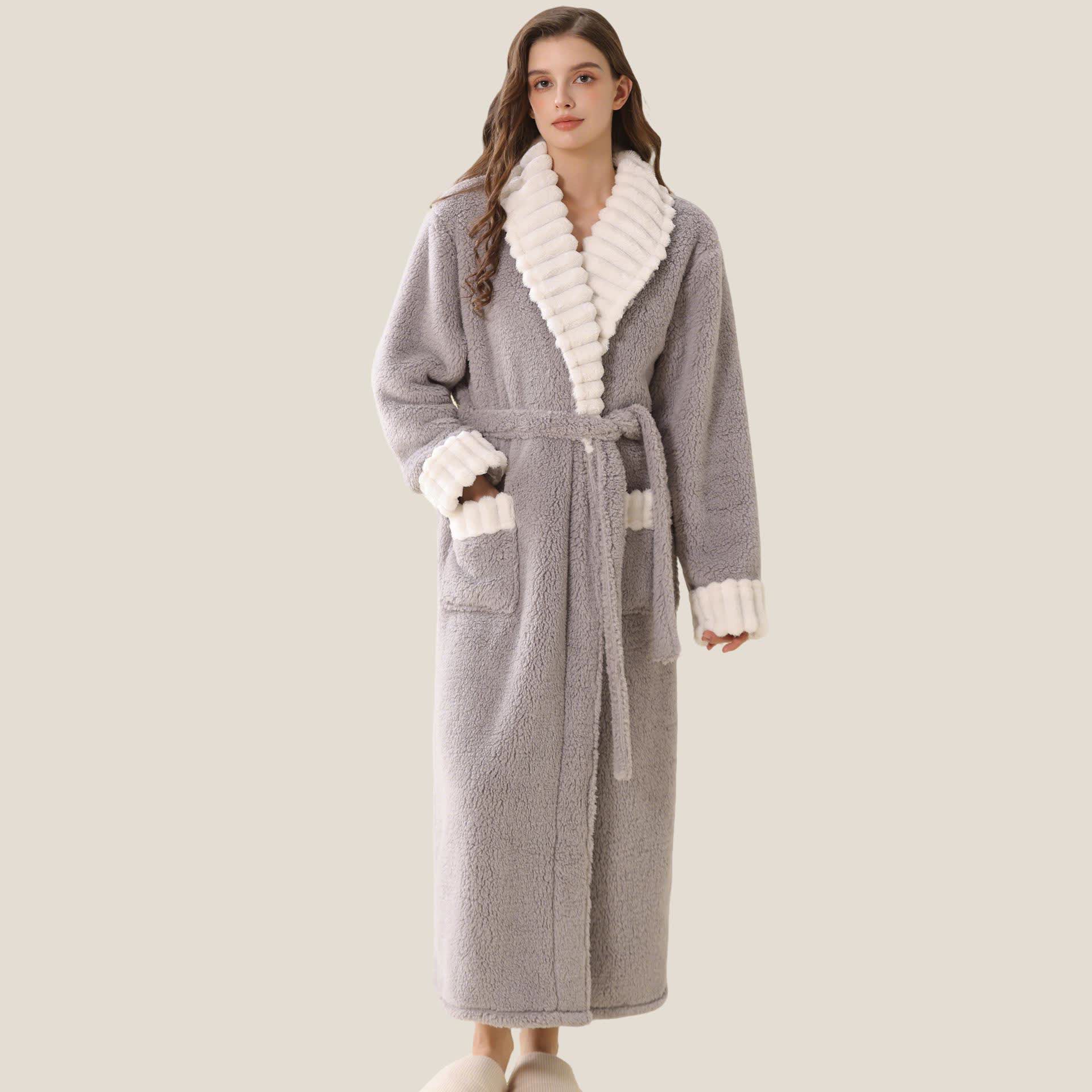 Ownkoti Long Plush Fleece Bathrobe with Pockets - Grey - XL - image 0