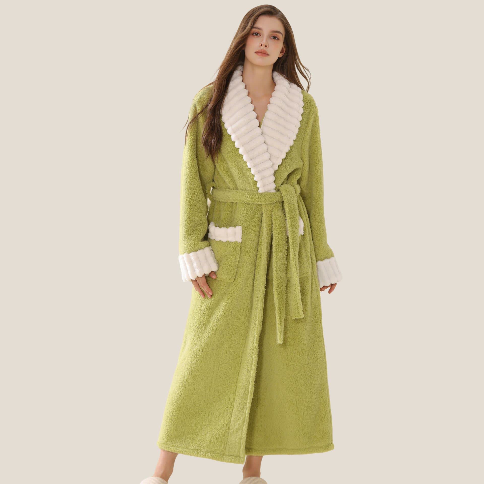 Ownkoti Long Plush Fleece Bathrobe with Pockets - Green - XL - image 2