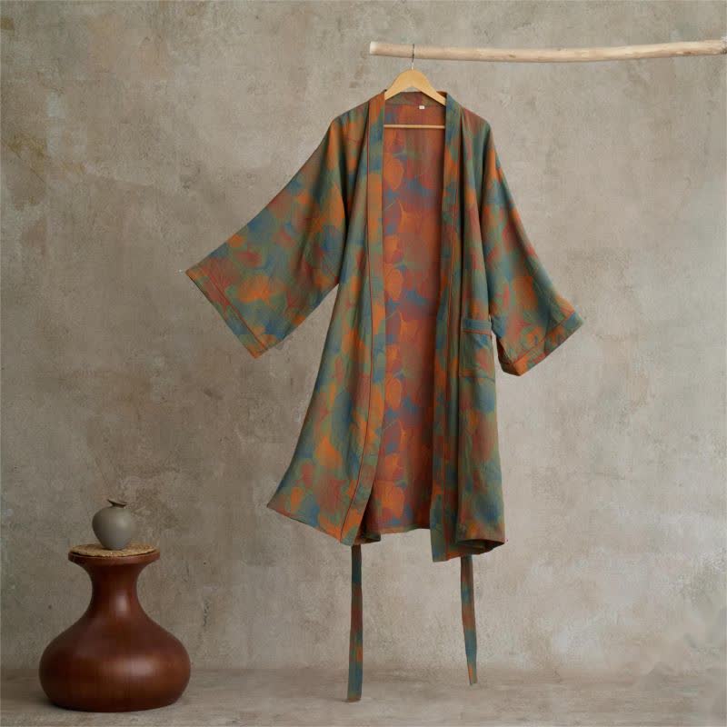 Ginkgo Leaf Print Cotton Kimono Robe - 2XL - image 1
