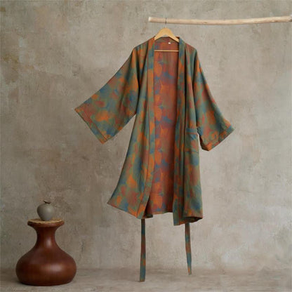 Ginkgo Leaf Print Cotton Kimono Robe - 2XL - image 1