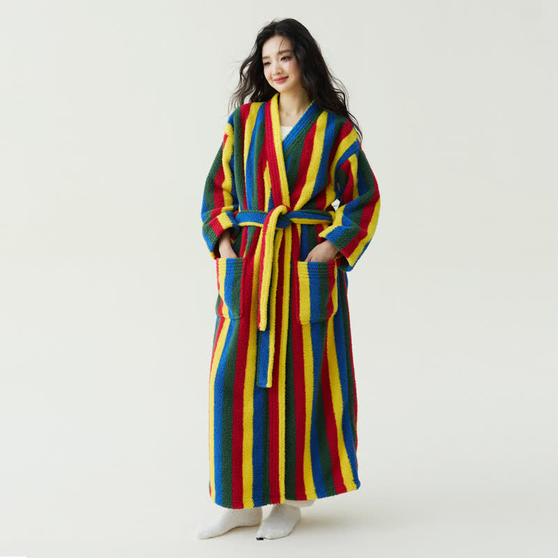 Contrast Stripe Plush Warm Robe - Multicolor - XL - image 0