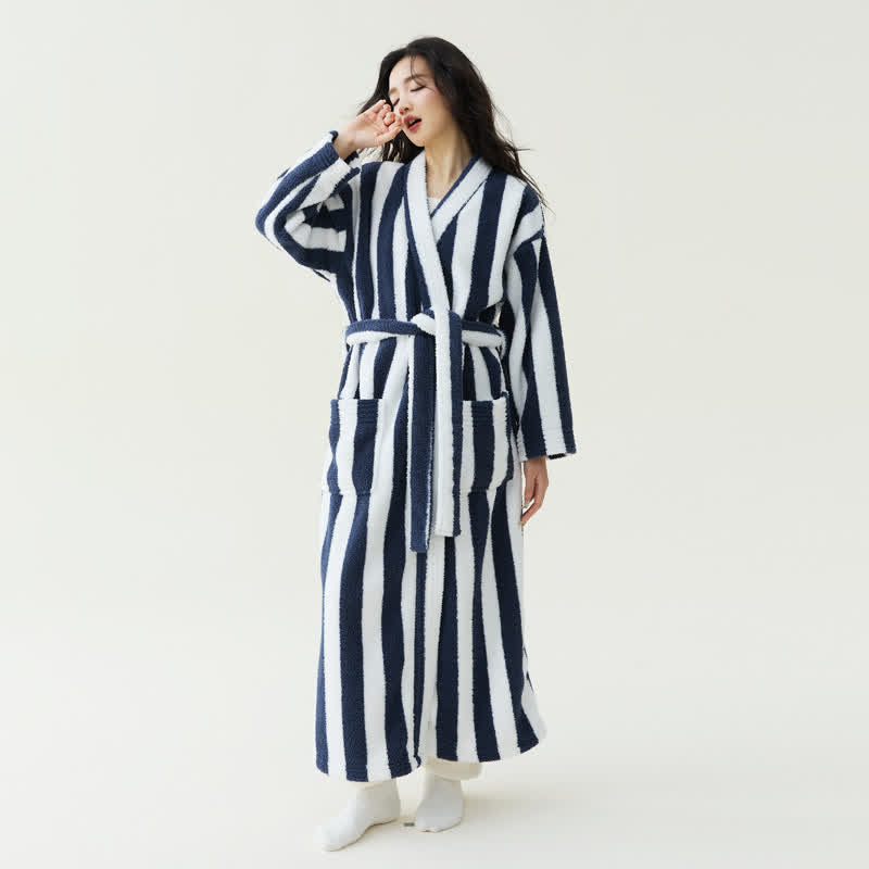 Contrast Stripe Plush Warm Robe - Blue & White - XL - image 6