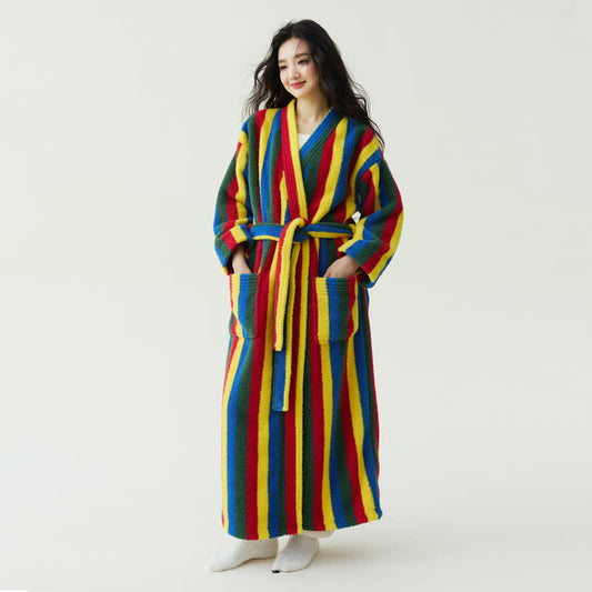 Ownkoti Contrast Stripe Plush Warm Robe - Multicolor - M - image 0