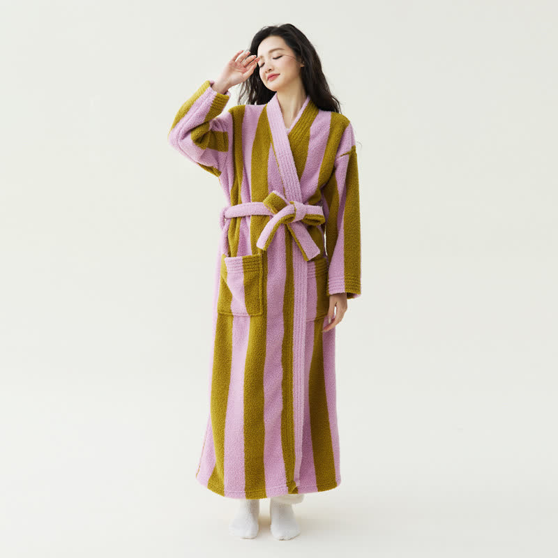 Ownkoti Contrast Stripe Plush Warm Robe - Dark Pink - XL - image 2