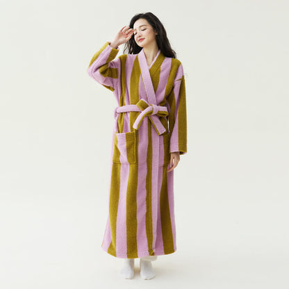 Ownkoti Contrast Stripe Plush Warm Robe - Dark Pink - XL - image 2