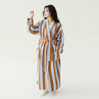 Contrast Stripe Plush Warm Robe - Light Coffee - XL - image 5