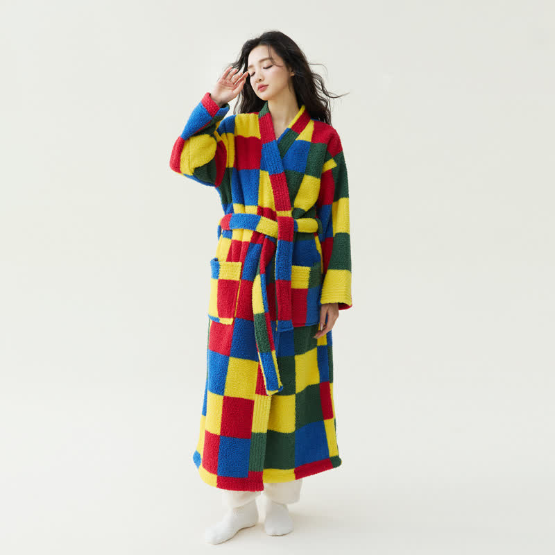 Colorful Plaid Plush Warm Long Robe - XL - image 0