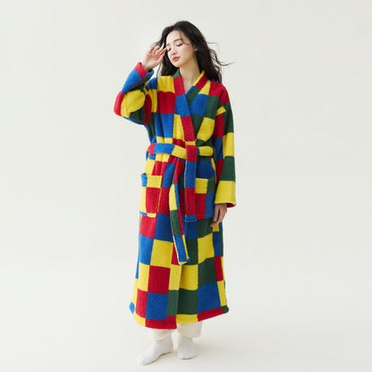 Colorful Plaid Plush Warm Long Robe - XL - image 0