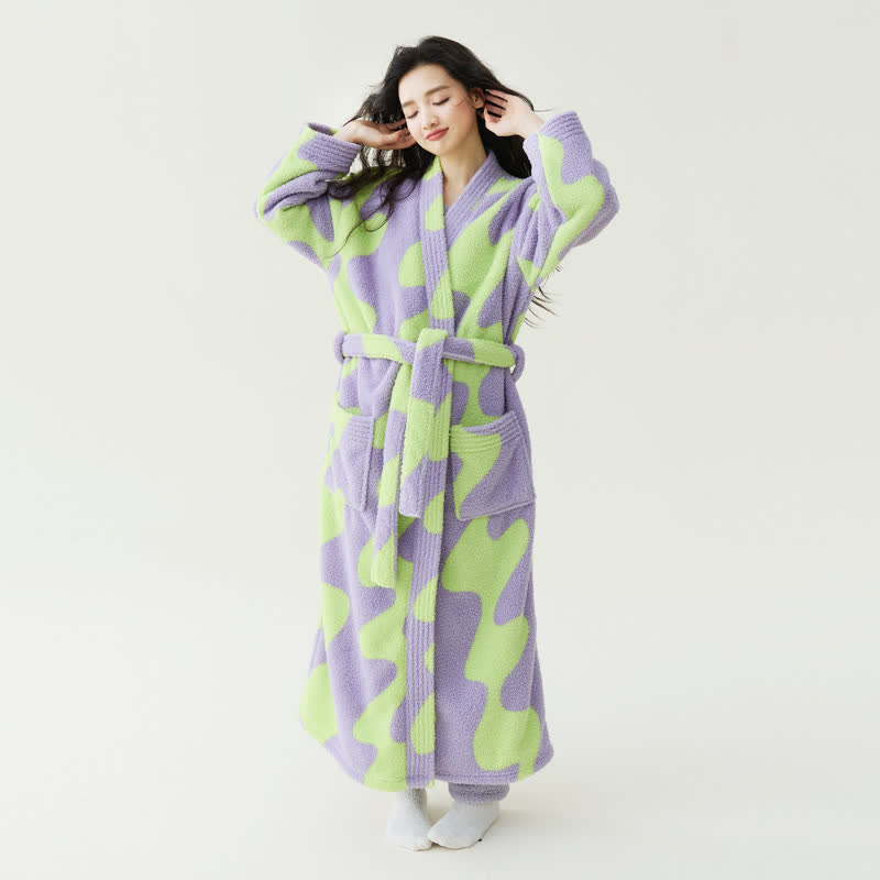 Ownkoti Colorblock Wave Pattern Plush Robe - Green & Light Purple - XL - image 0