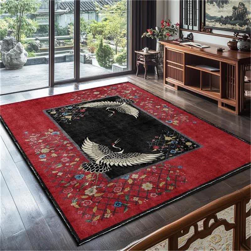 Floral Red-crowned Crane Anti-slip Area Rug - image 2