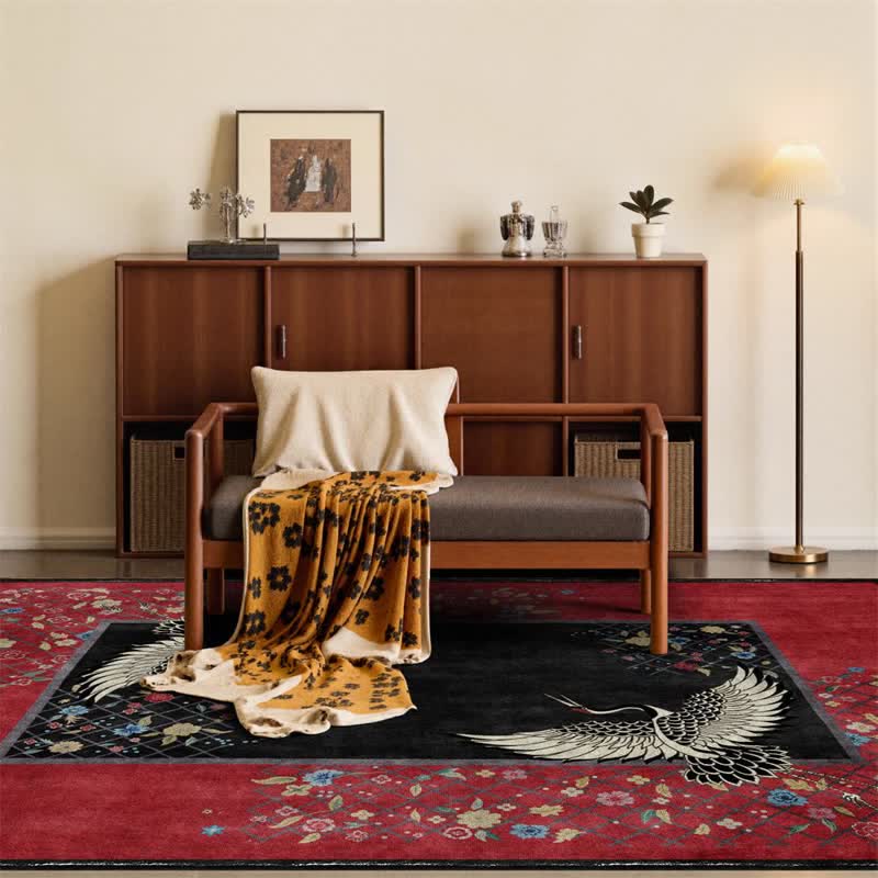 Floral Red-crowned Crane Anti-slip Area Rug - image 3