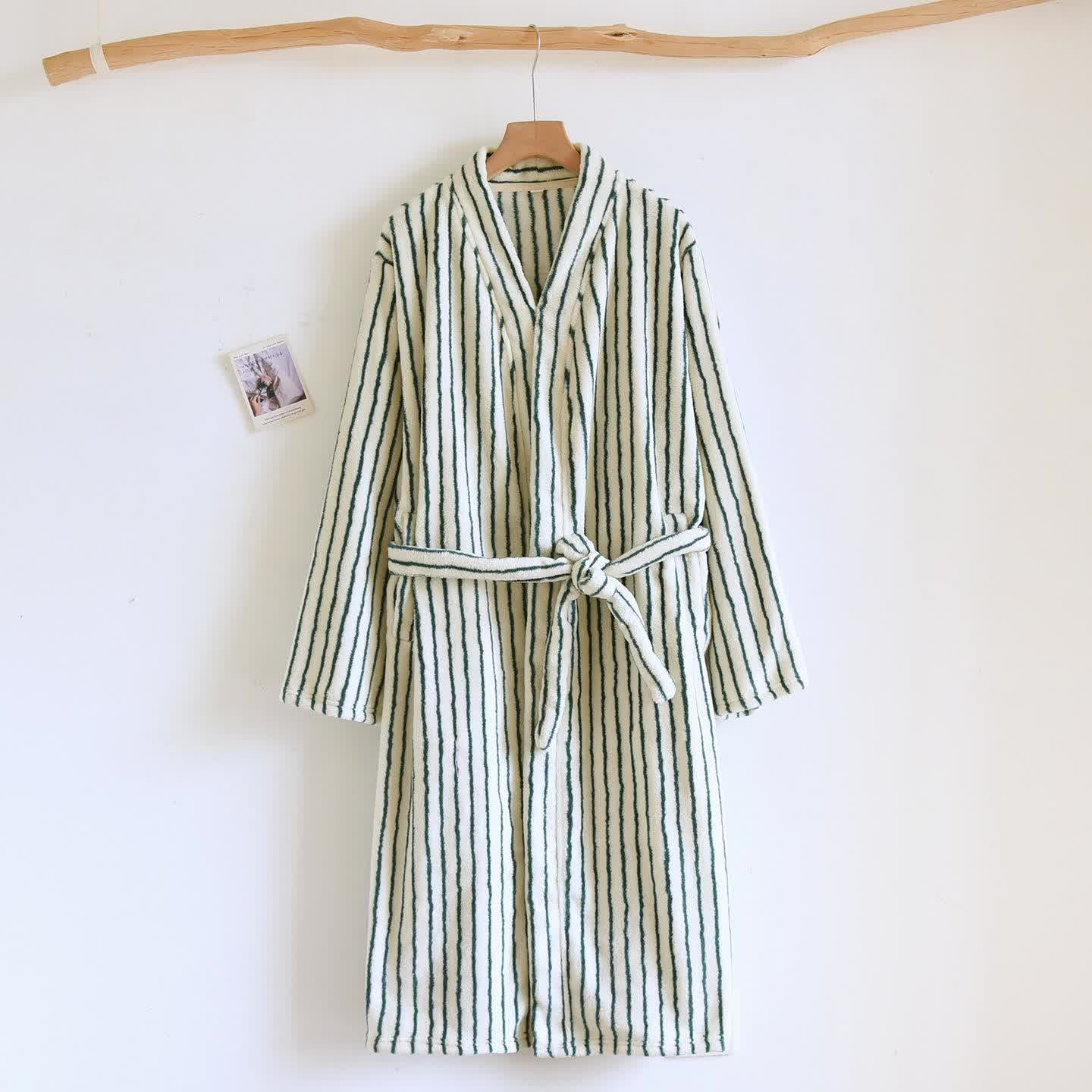 Ownkoti Simple Striped Warm Flannel Bathrobe - Beige & Green - L - image 0