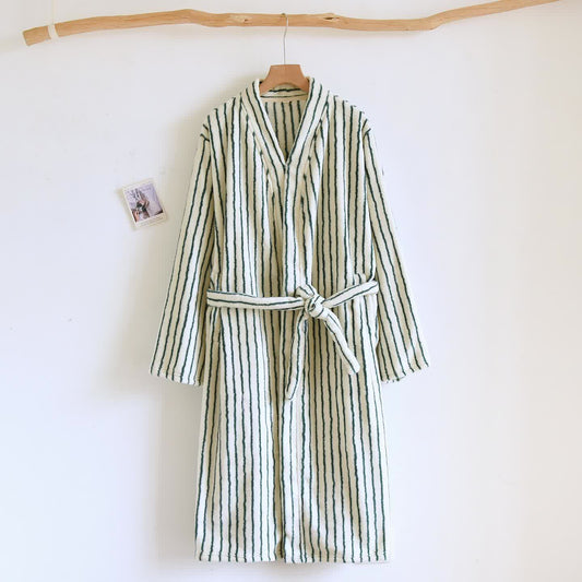 Ownkoti Simple Striped Warm Flannel Bathrobe - Beige & Green - L - image 0