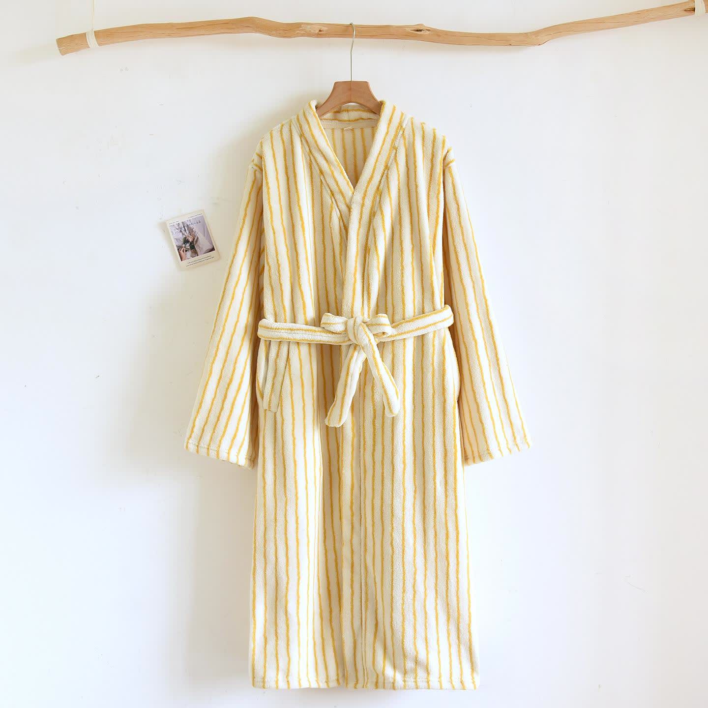 Simple Striped Warm Flannel Bathrobe - Beige & Yellow - L - image 13