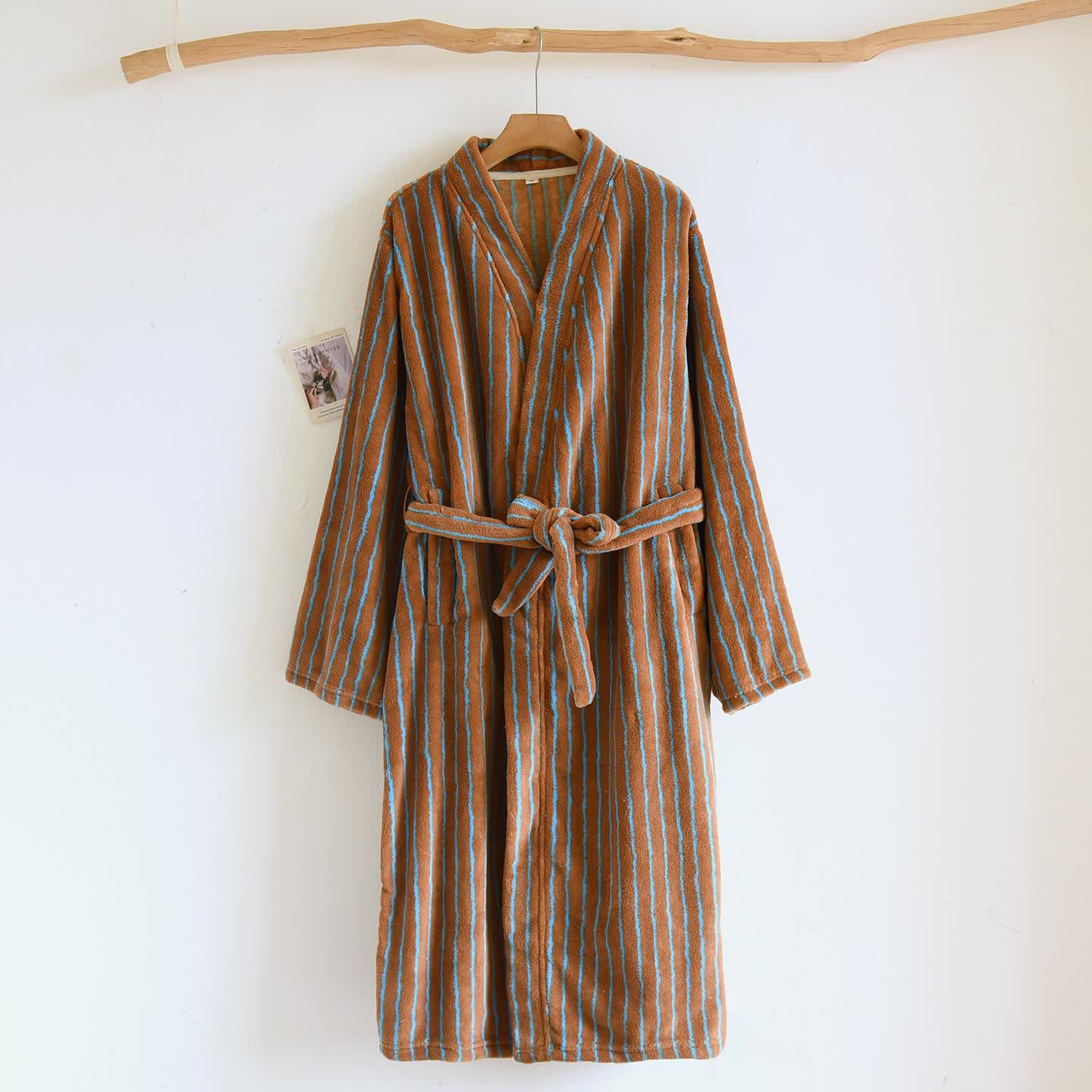 Simple Striped Warm Flannel Bathrobe - Brown & Blue - L - image 14