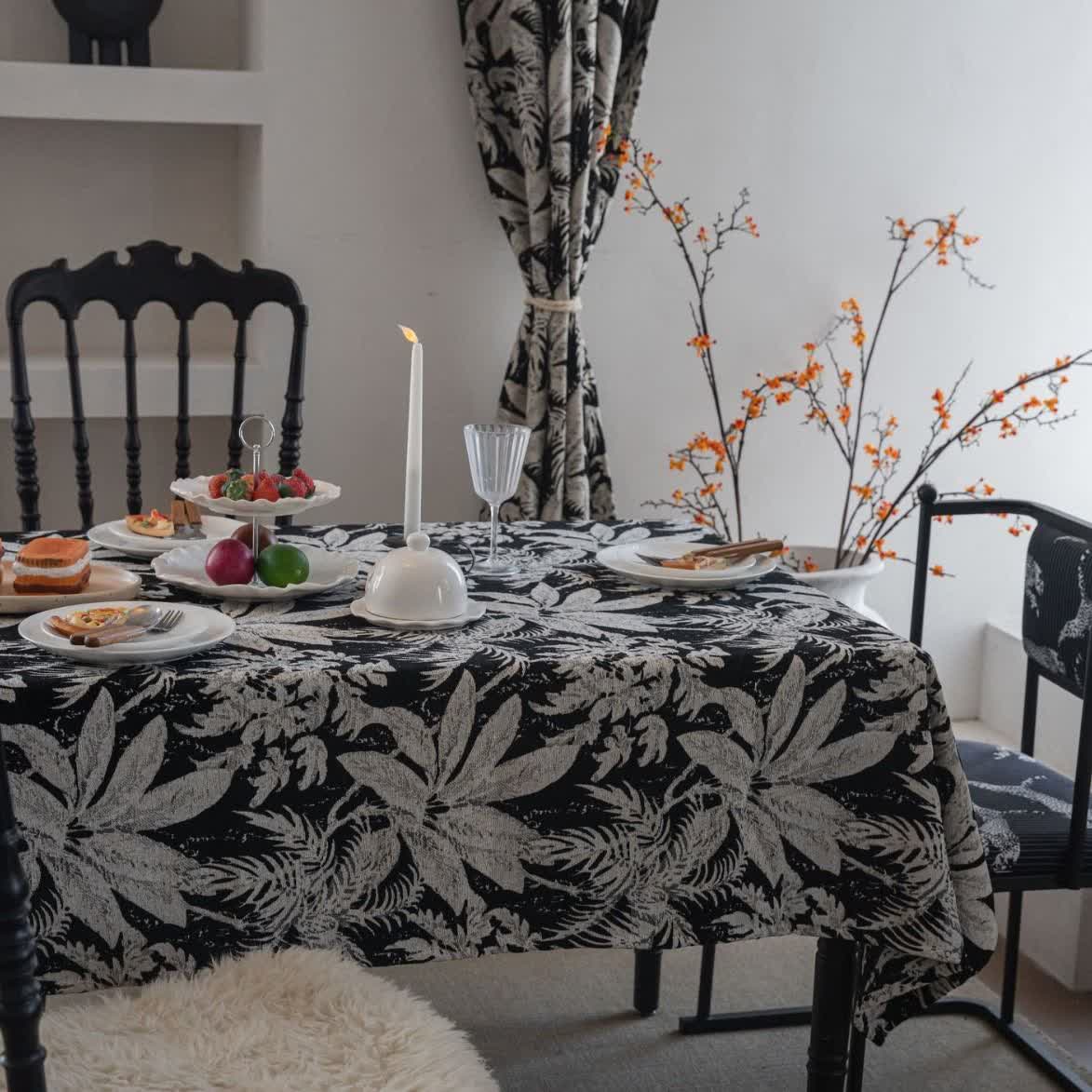 Tropical Island Leaf Jacquard Tablecloth - Black - 55" x 102" - image 0