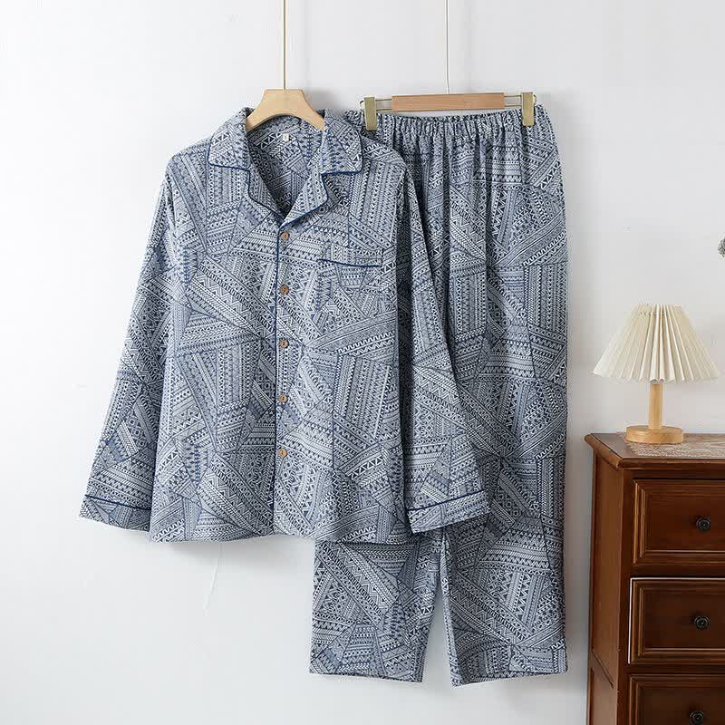 Geometric Pattern Cotton Gauze Loungewear Set - Royal Blue - XXL - image 4