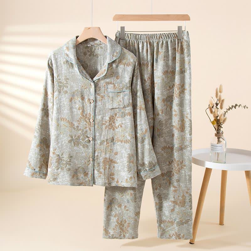Pastoral Leaf Cotton Gauze Loungewear Set - Grey - XL - image 2