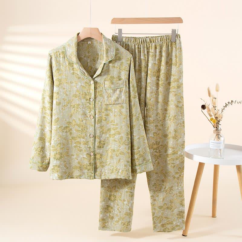 Ownkoti Pastoral Leaf Cotton Gauze Loungewear Set - Green - XL - image 3