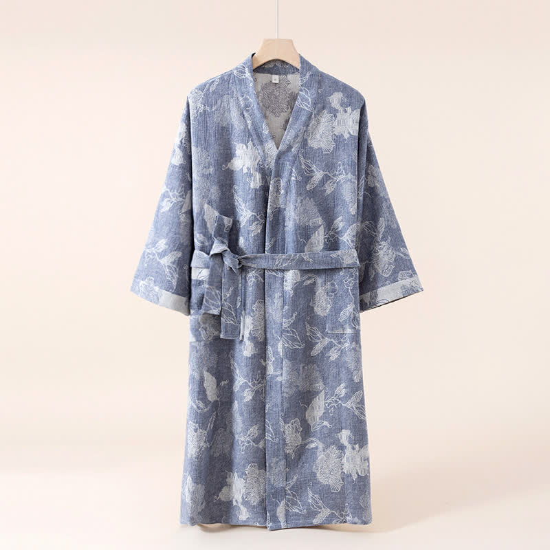 Ownkoti Floral Cotton Linen Kimono Robe, Dark Blue / One Size - Ownkoti Ownkoti Floral Cotton Linen Kimono Robe, Dark Blue / One Size - Ownkoti
