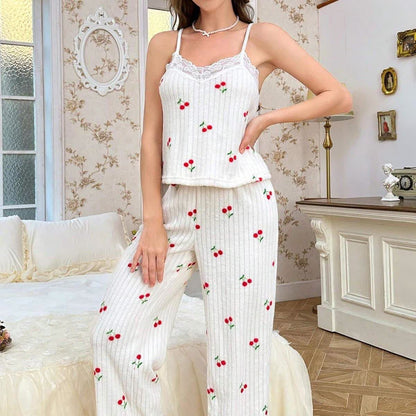 Ownkoti Cherry Print Lace Trim Pajama Set(3PCS) - image 3