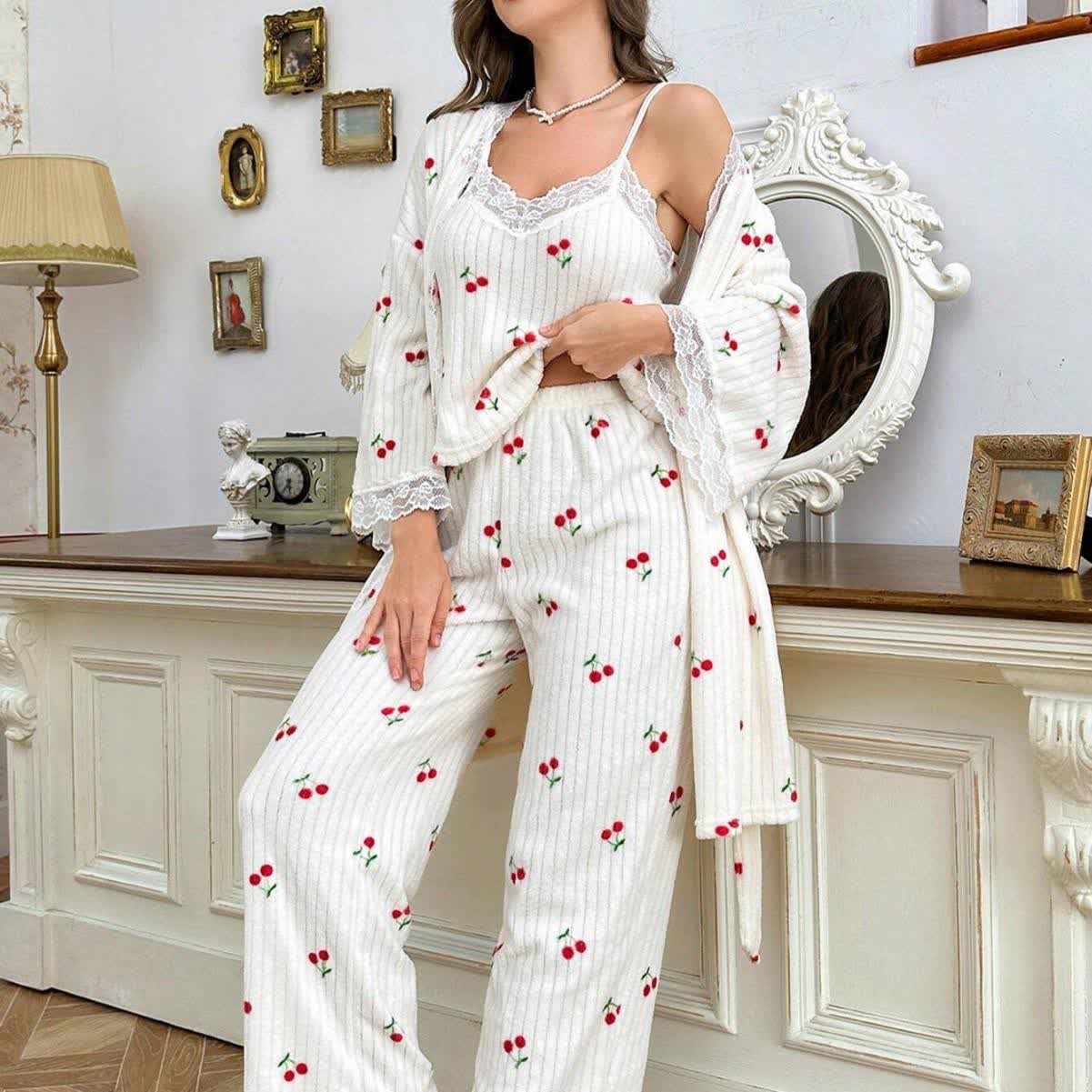 Ownkoti Cherry Print Lace Trim Pajama Set(3PCS) - XL - image 0