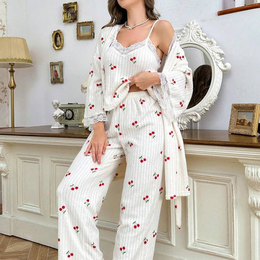 Ownkoti Cherry Print Lace Trim Pajama Set(3PCS) - XL - image 0