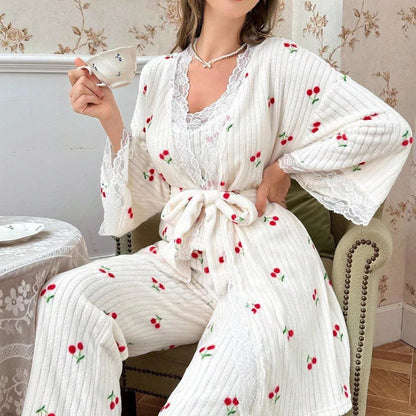 Ownkoti Cherry Print Lace Trim Pajama Set(3PCS) - image 1