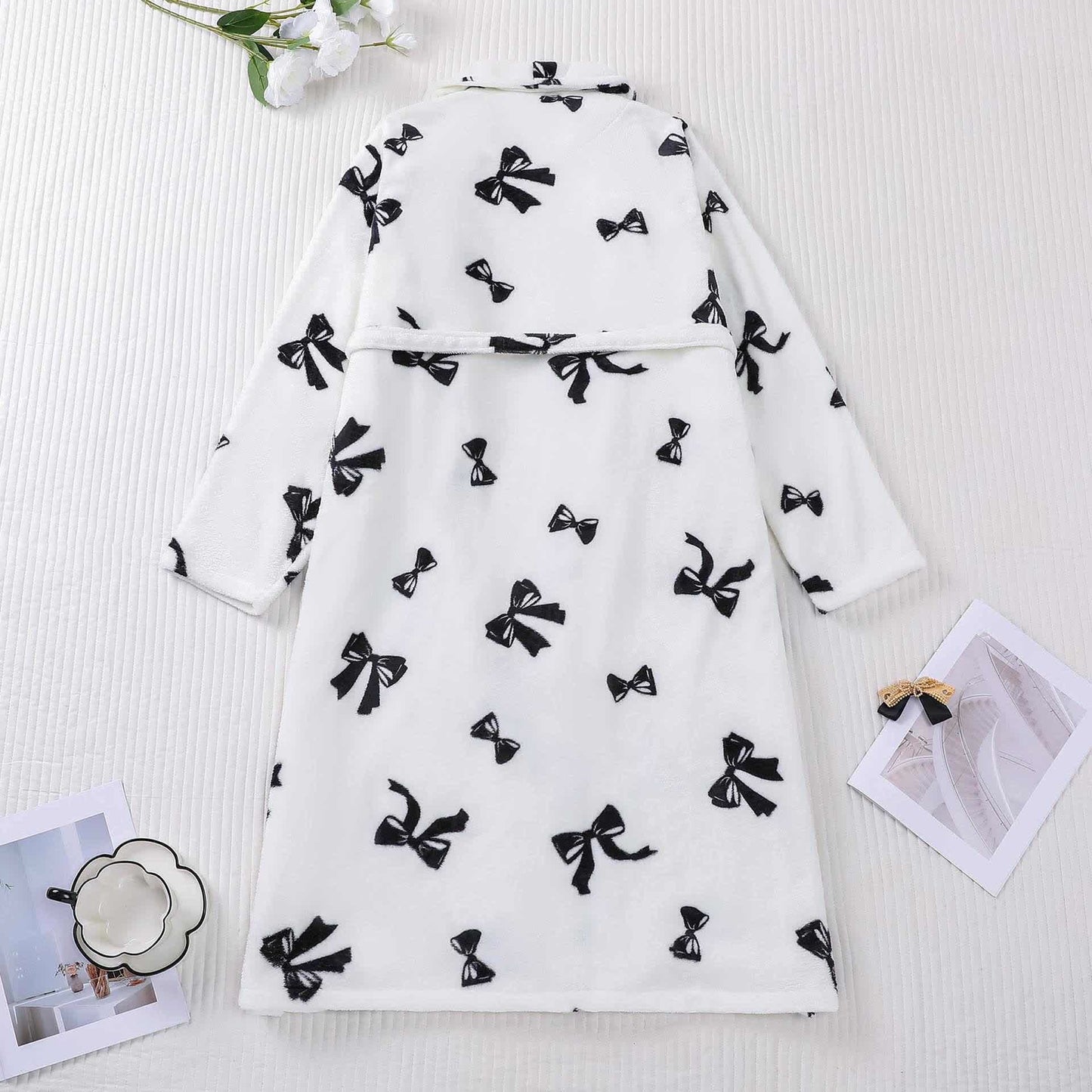 Black Bow Print Plush Bathrobe - image 1