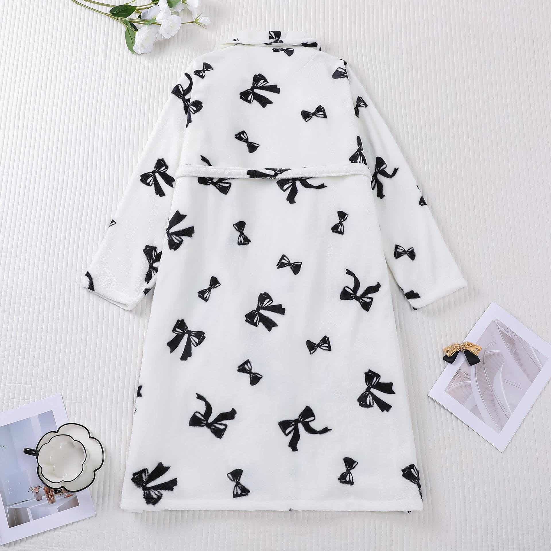Black Bow Print Plush Bathrobe - image 1