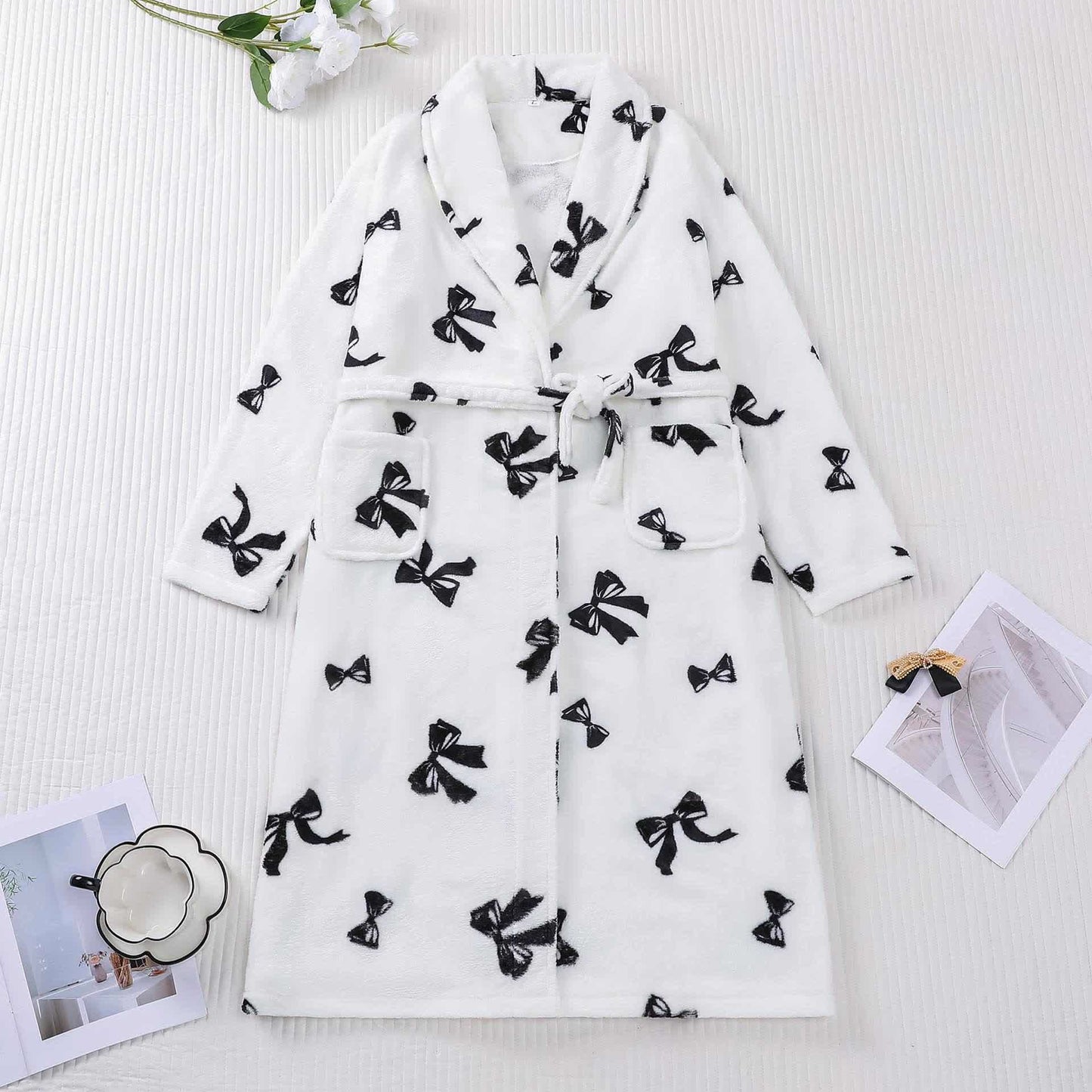 Black Bow Print Plush Bathrobe - XXL - image 0