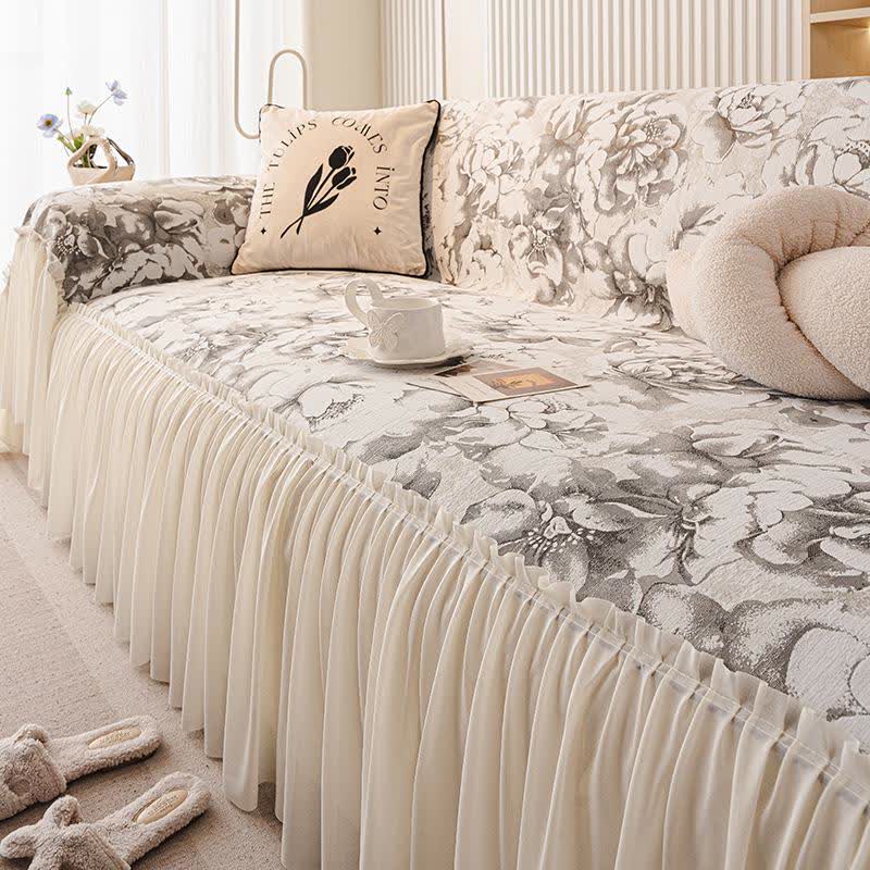 French Ruffle Floral Chenille Sofa Protector - Dark Gray - 71" x 134" - image 6