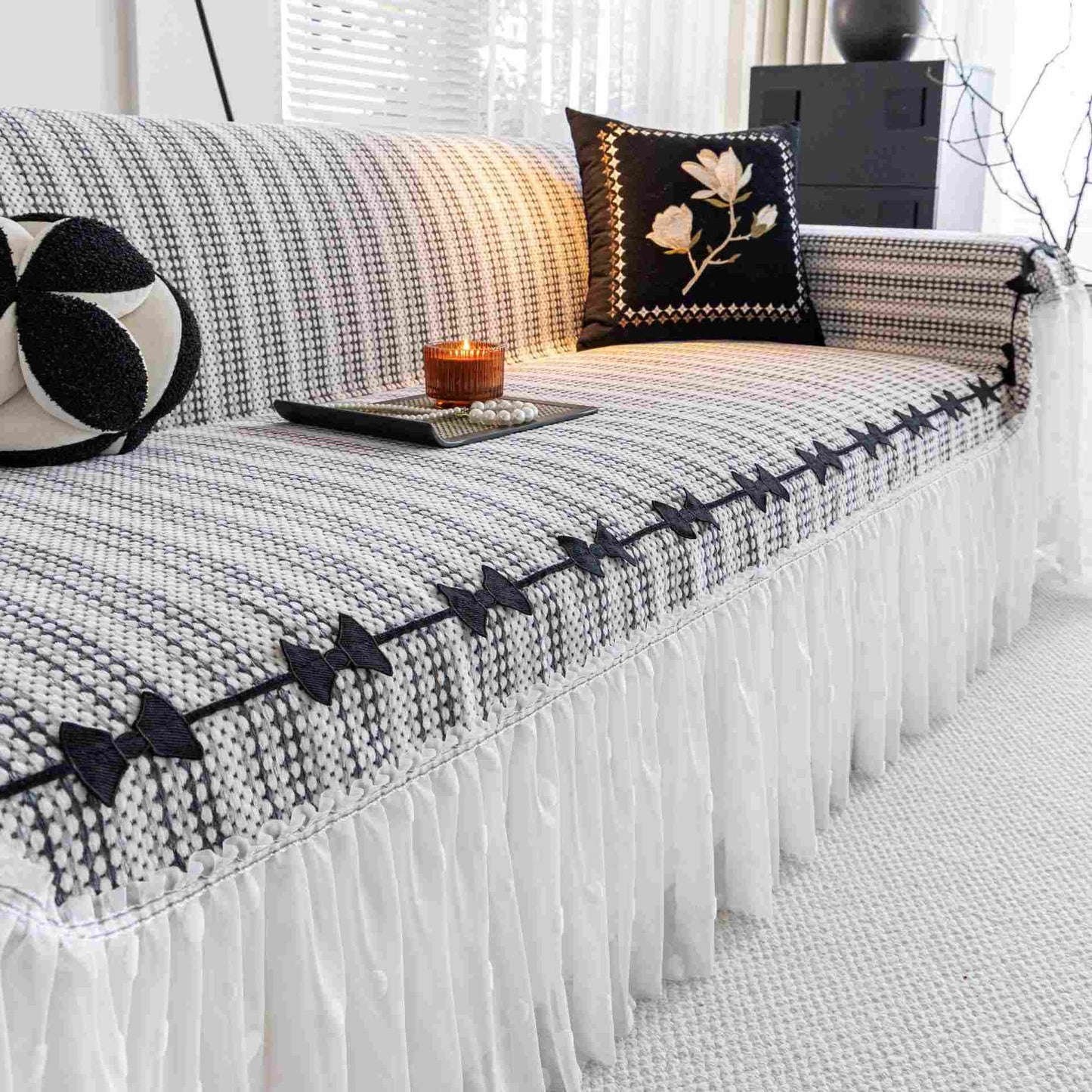 Bow Ruffle Chenille Sofa Protector - Grey - 71" x 134" - image 5