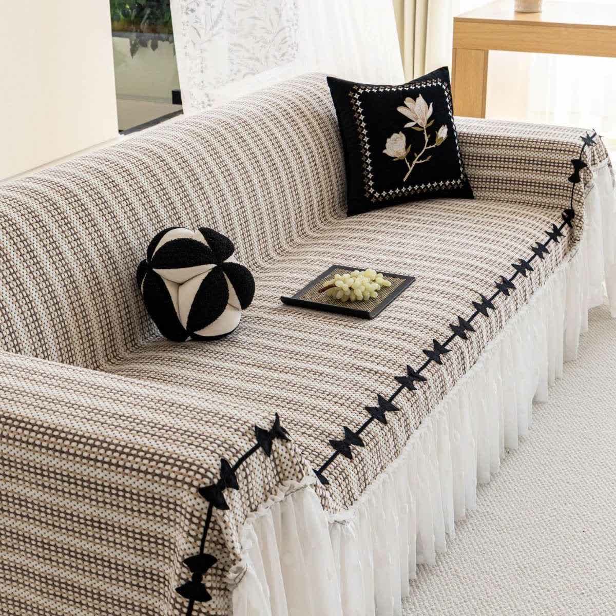 Bow Ruffle Chenille Sofa Protector - Khaki - 71" x 134" - image 6