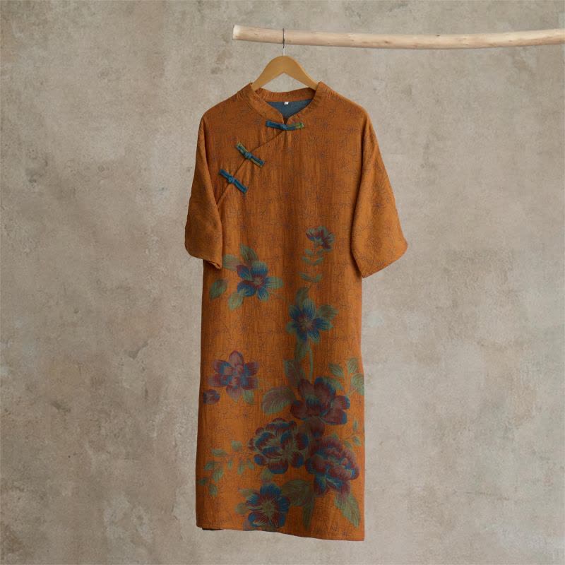 Vintage Peach Blossom Cotton Gauze Nightdress - Orange - L - image 1