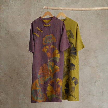Ginkgo Leaf Print Cotton Cheongsam Nightgown - image 0