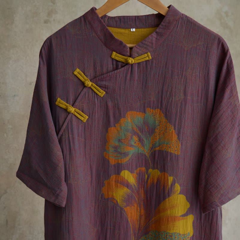 Ginkgo Leaf Print Cotton Cheongsam Nightgown - image 2