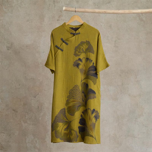 Ownkoti Ginkgo Leaf Print Cotton Cheongsam Nightgown - Yellow - L - image 0