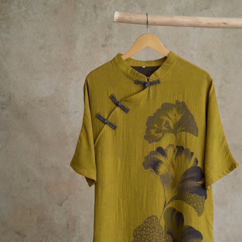 Ownkoti Ginkgo Leaf Print Cotton Cheongsam Nightgown - image 1