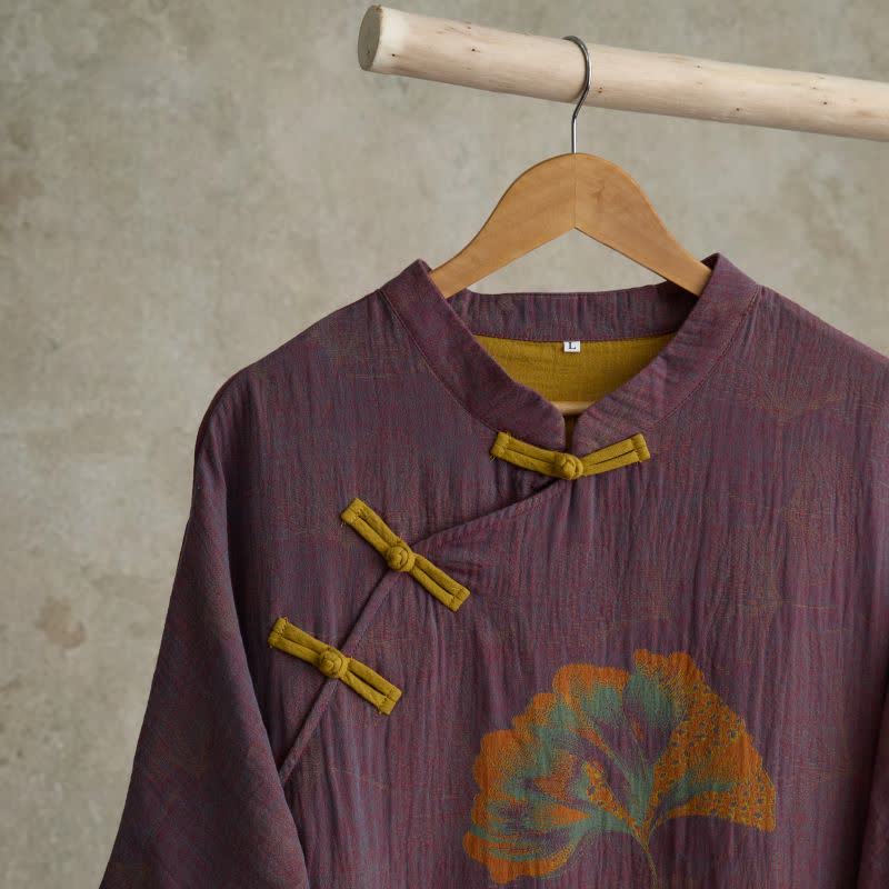 Ginkgo Leaf Print Cotton Cheongsam Nightgown - image 3