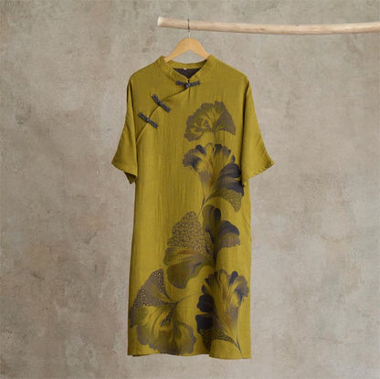 Ginkgo Leaf Print Cotton Cheongsam Nightgown - Yellow - L - image 6