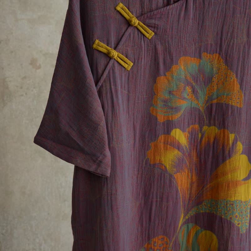 Ginkgo Leaf Print Cotton Cheongsam Nightgown - image 4