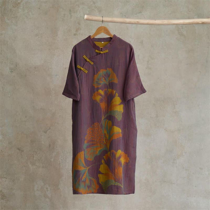 Ginkgo Leaf Print Cotton Cheongsam Nightgown - Purple - L - image 1